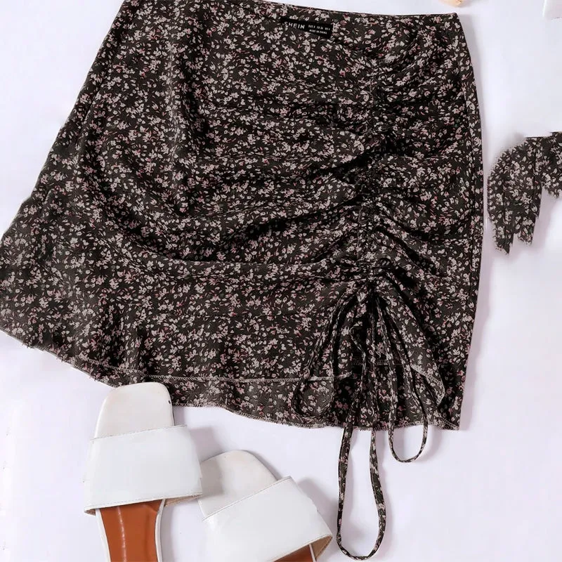Ruched Knot Ruffle Hem Ditsy Floral Skirt
