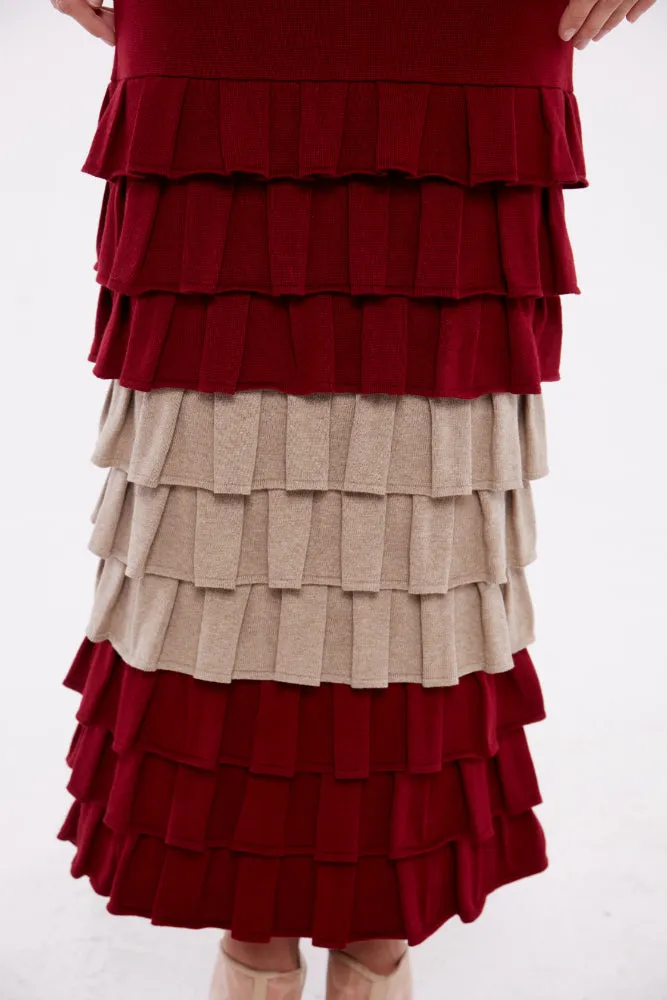 Ruffle Tiered Dual Tone Maxi Skirt in Ruby and Taupe