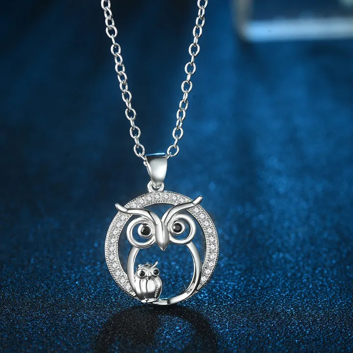 Silver Cubic Zirconia Mom and Baby Owl Pendant Necklace