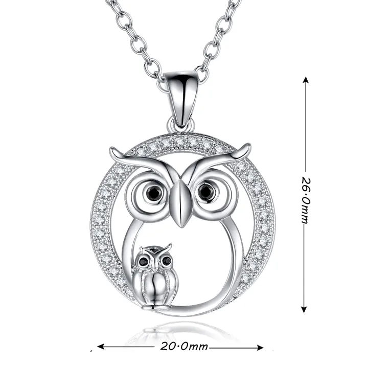 Silver Cubic Zirconia Mom and Baby Owl Pendant Necklace