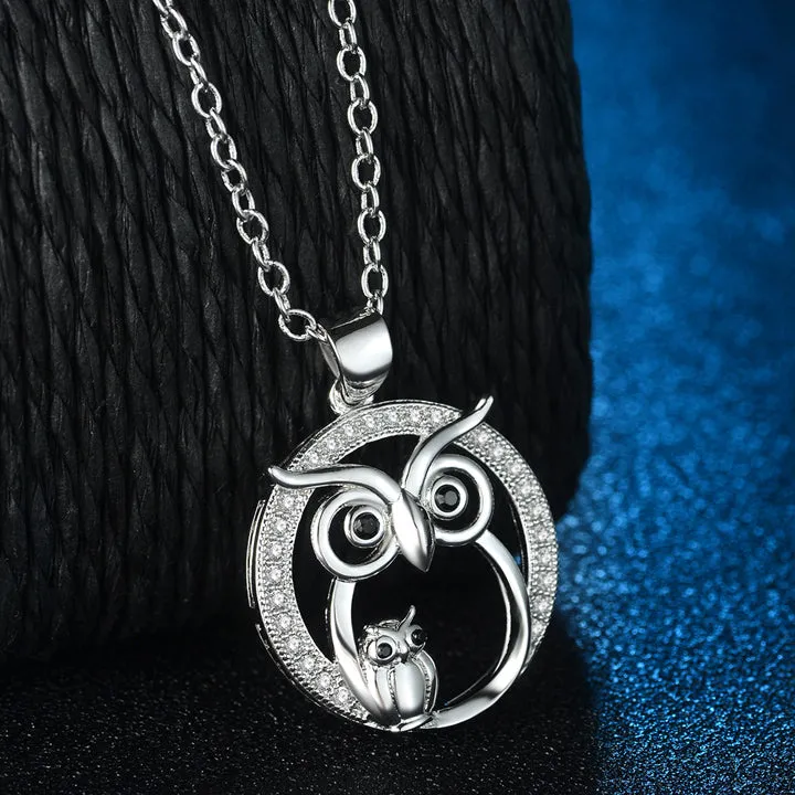 Silver Cubic Zirconia Mom and Baby Owl Pendant Necklace