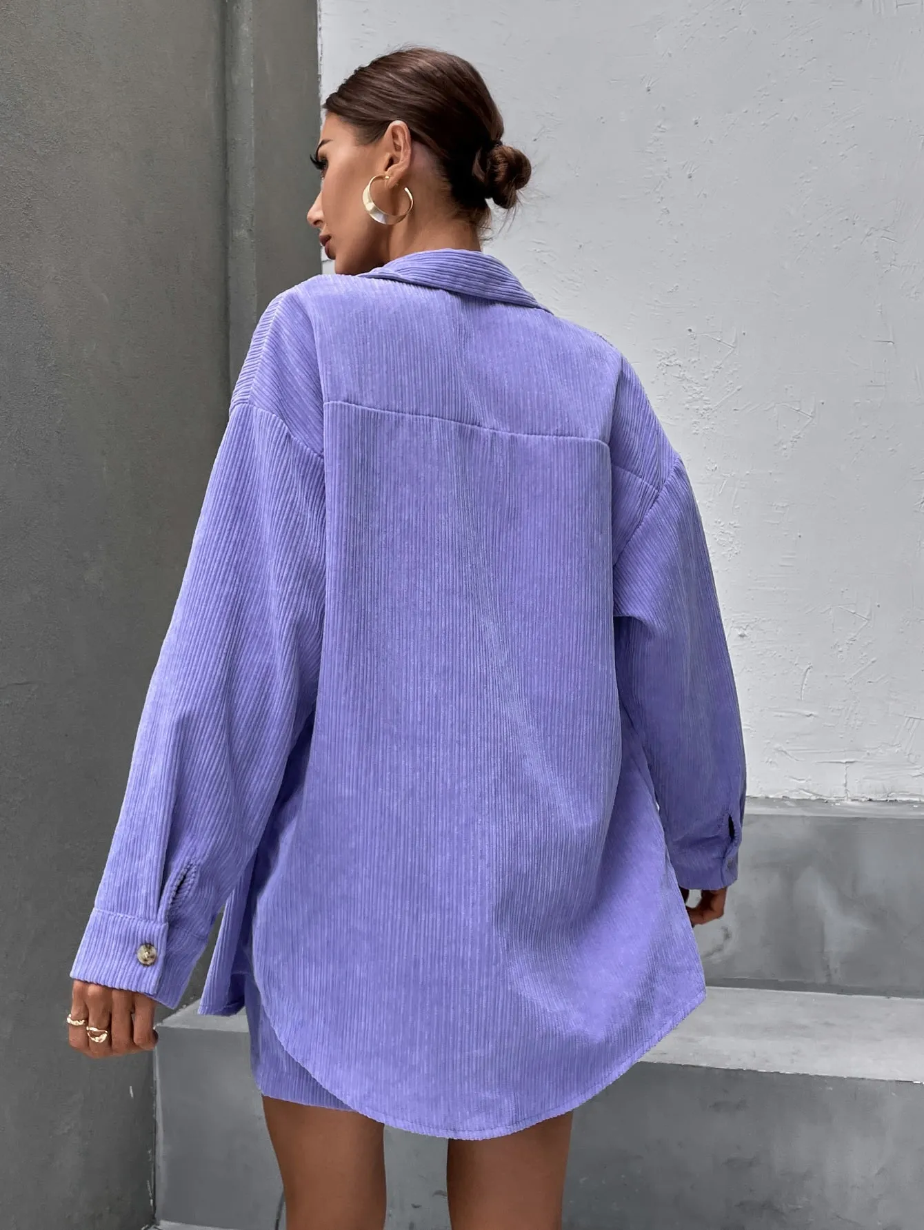 Solid Button Front Drop Shoulder Coat & Skirt SS23
