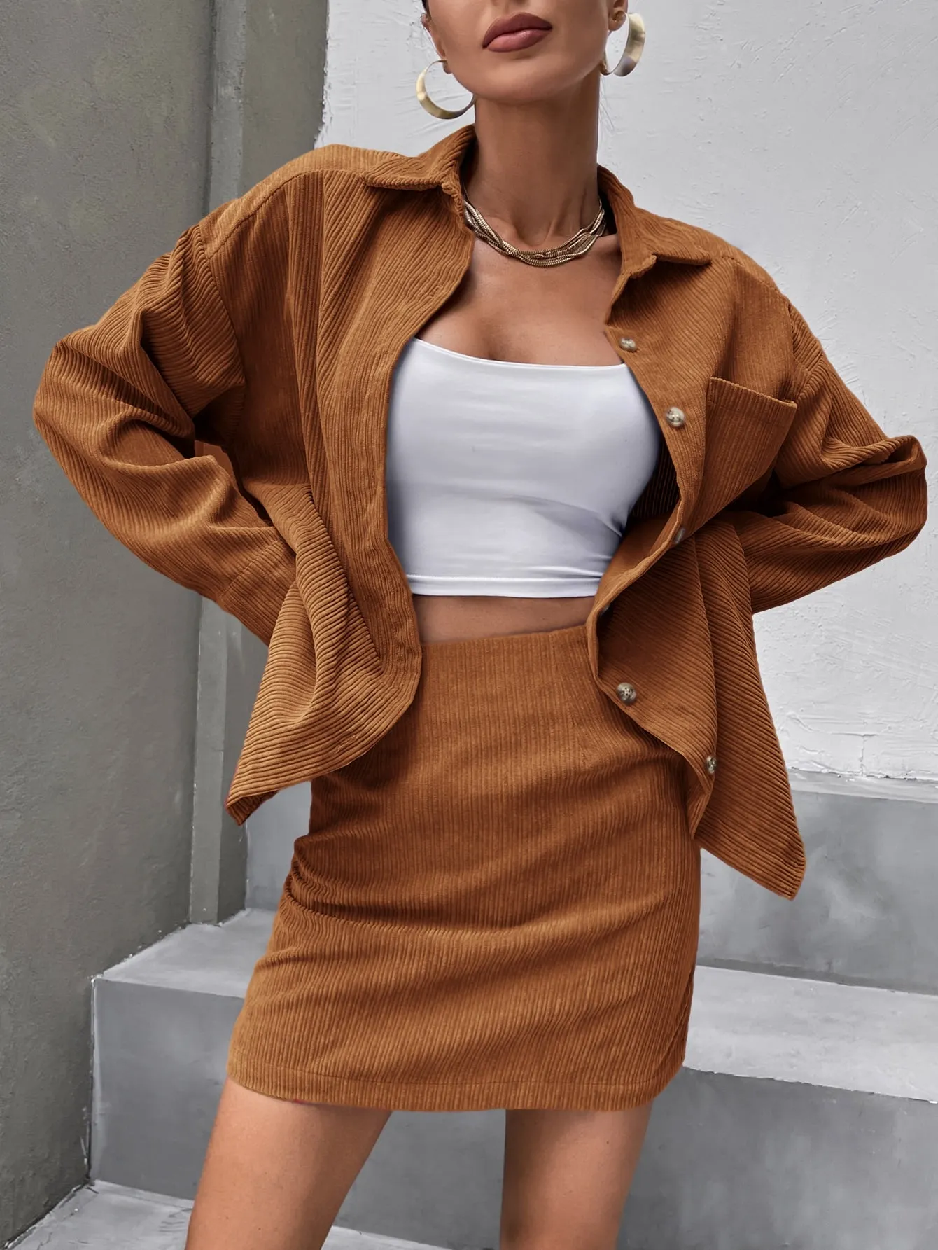 Solid Button Front Drop Shoulder Coat & Skirt SS23