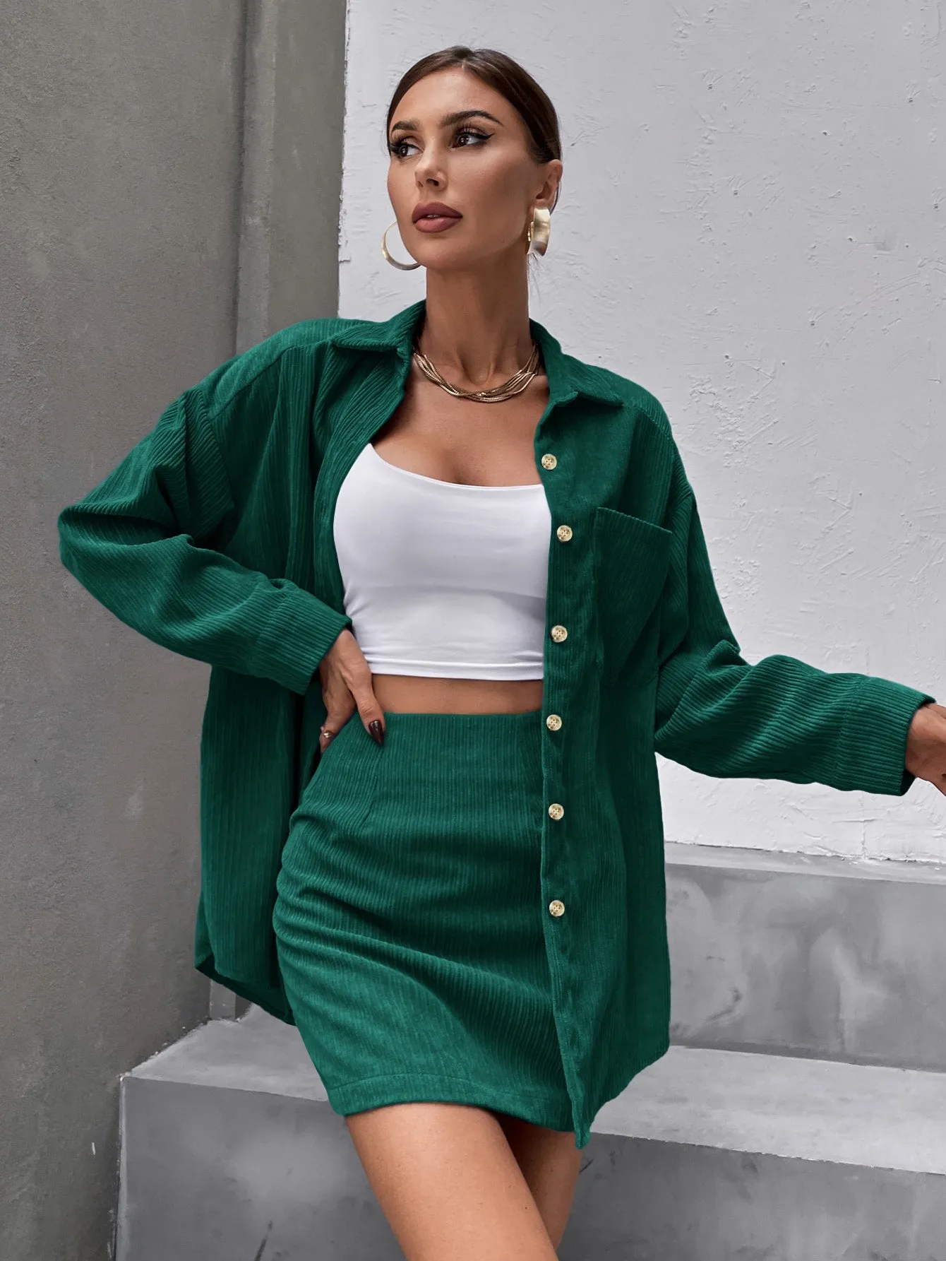 Solid Button Front Drop Shoulder Coat & Skirt SS23