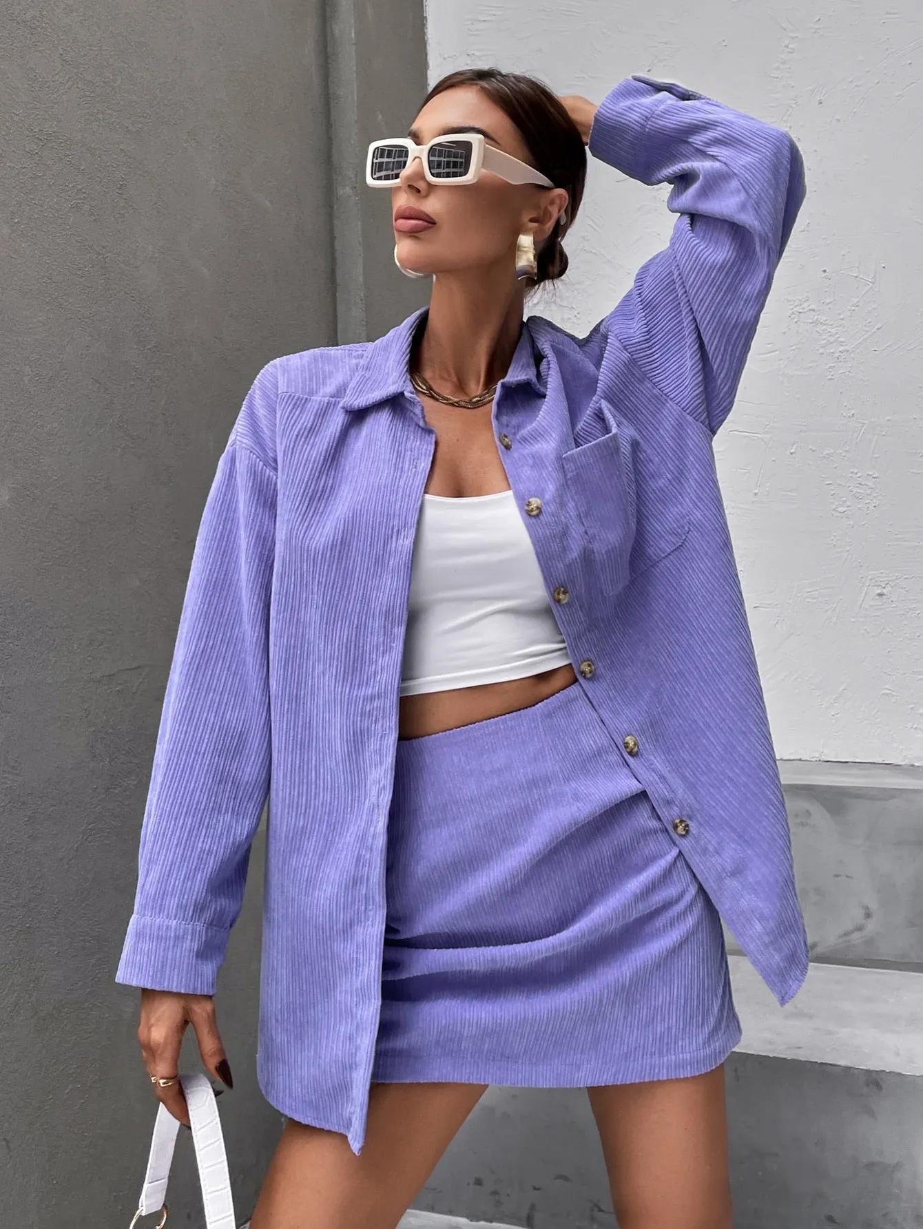 Solid Button Front Drop Shoulder Coat & Skirt SS23