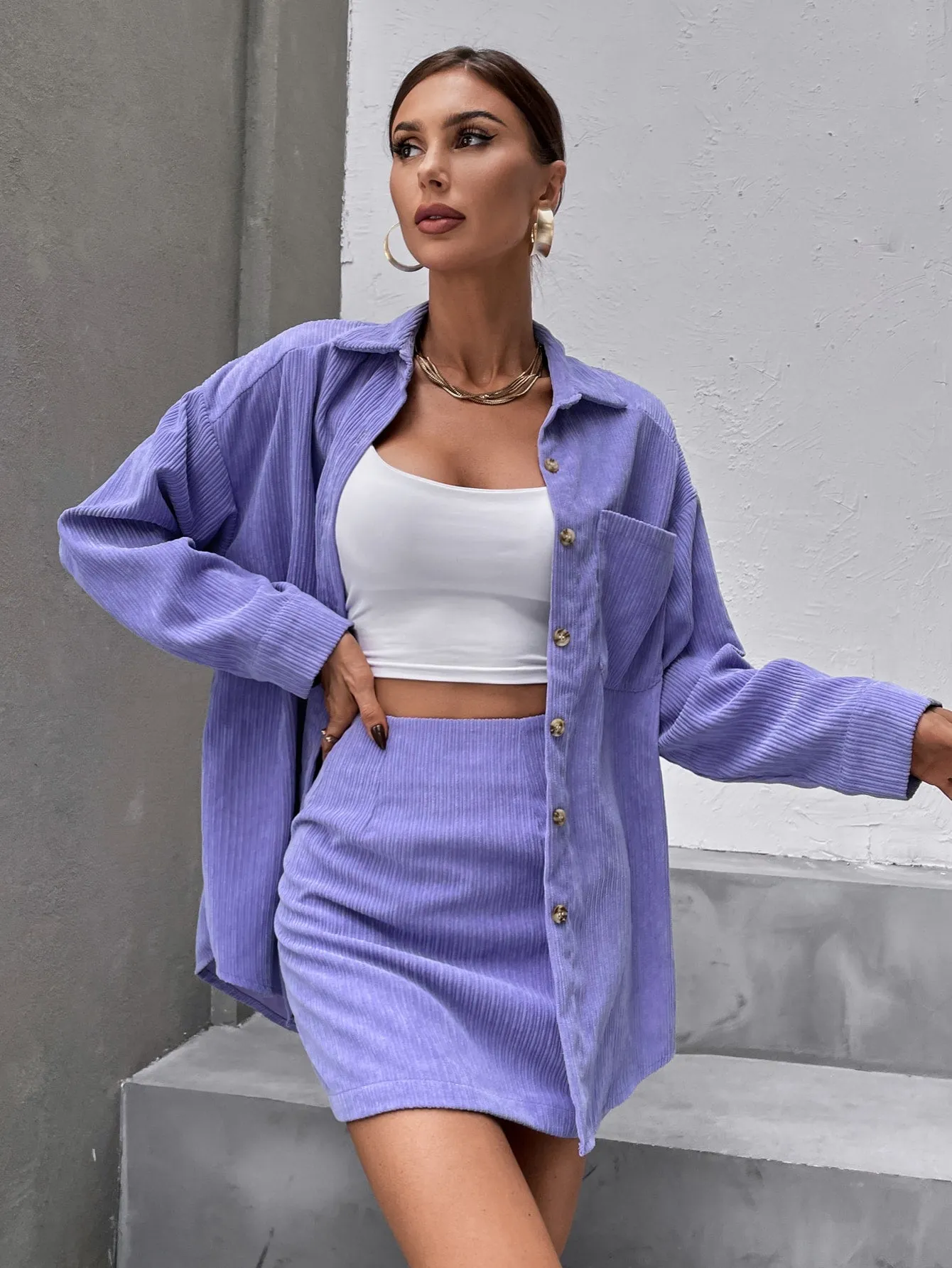 Solid Button Front Drop Shoulder Coat & Skirt SS23