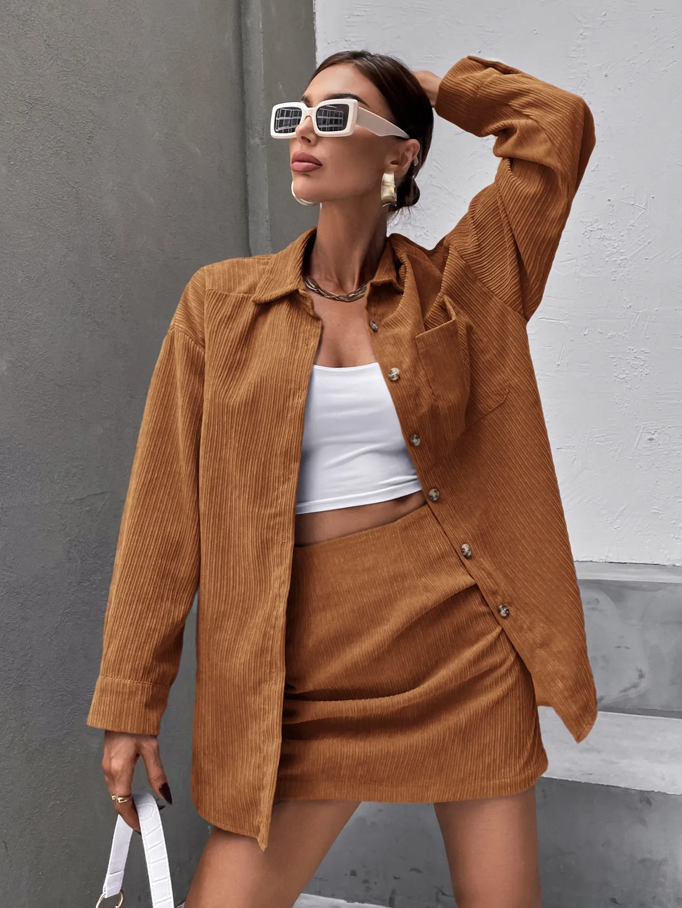 Solid Button Front Drop Shoulder Coat & Skirt SS23