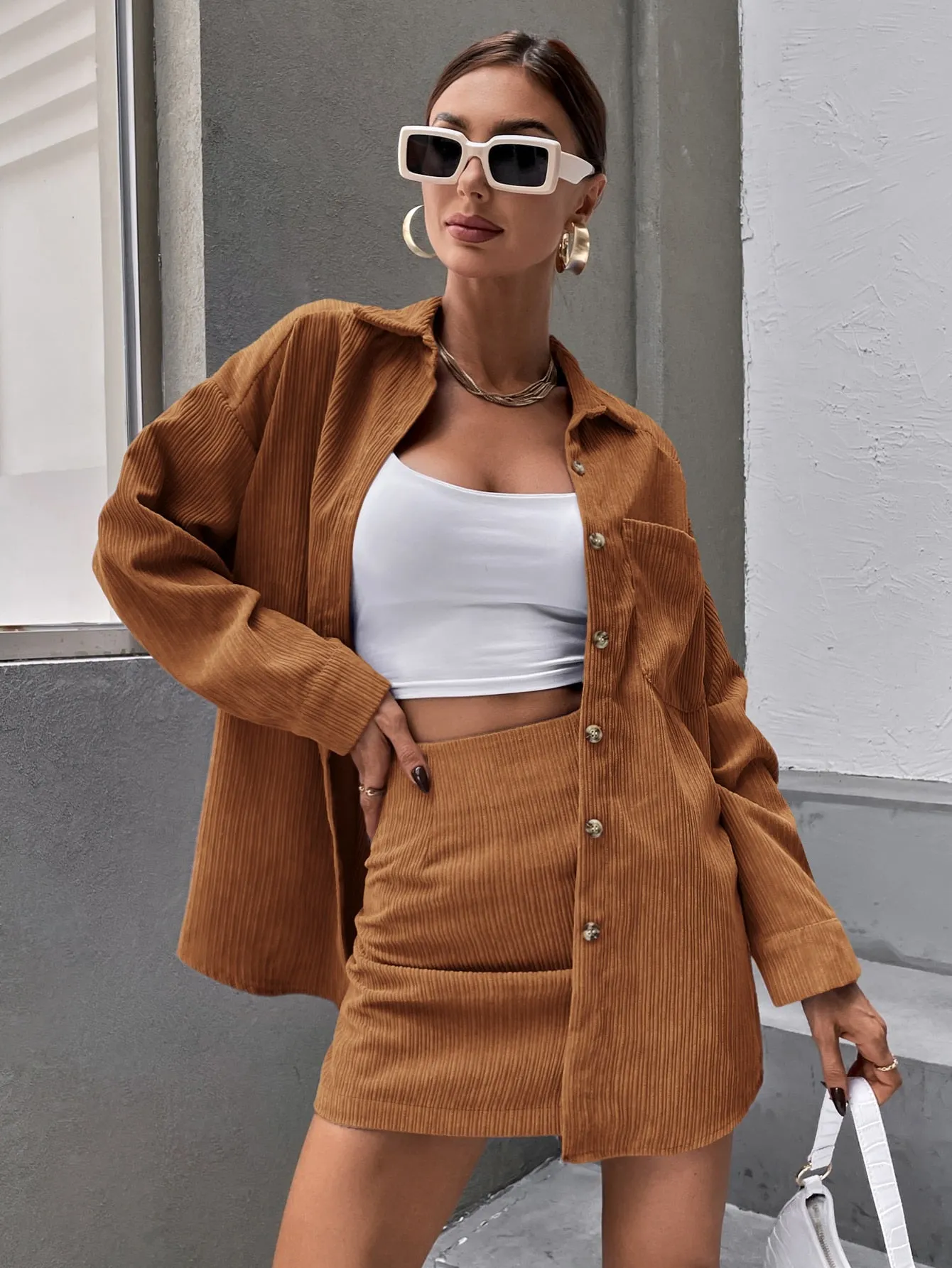 Solid Button Front Drop Shoulder Coat & Skirt SS23