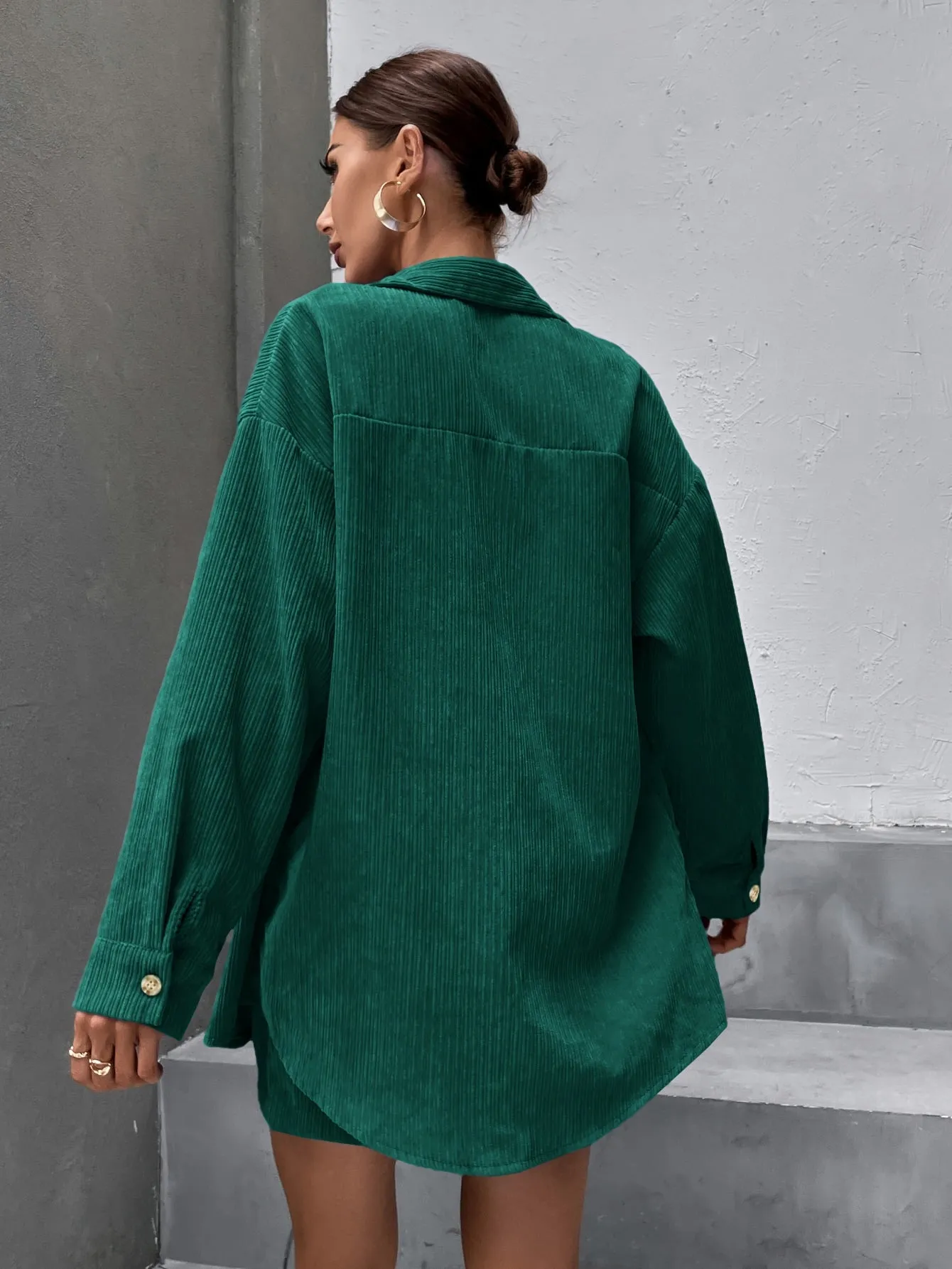 Solid Button Front Drop Shoulder Coat & Skirt SS23