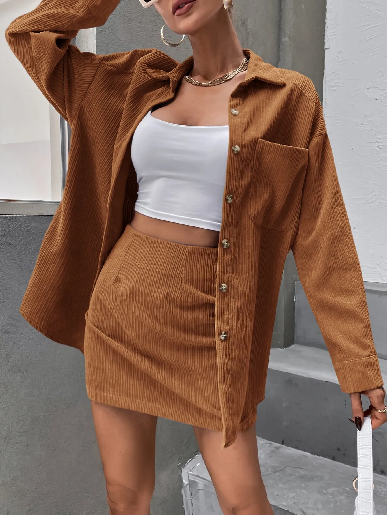Solid Button Front Drop Shoulder Coat & Skirt SS23