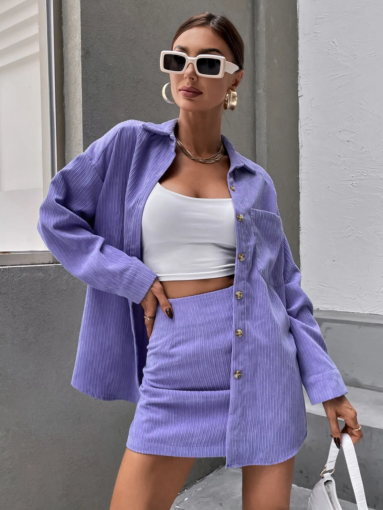 Solid Button Front Drop Shoulder Coat & Skirt SS23