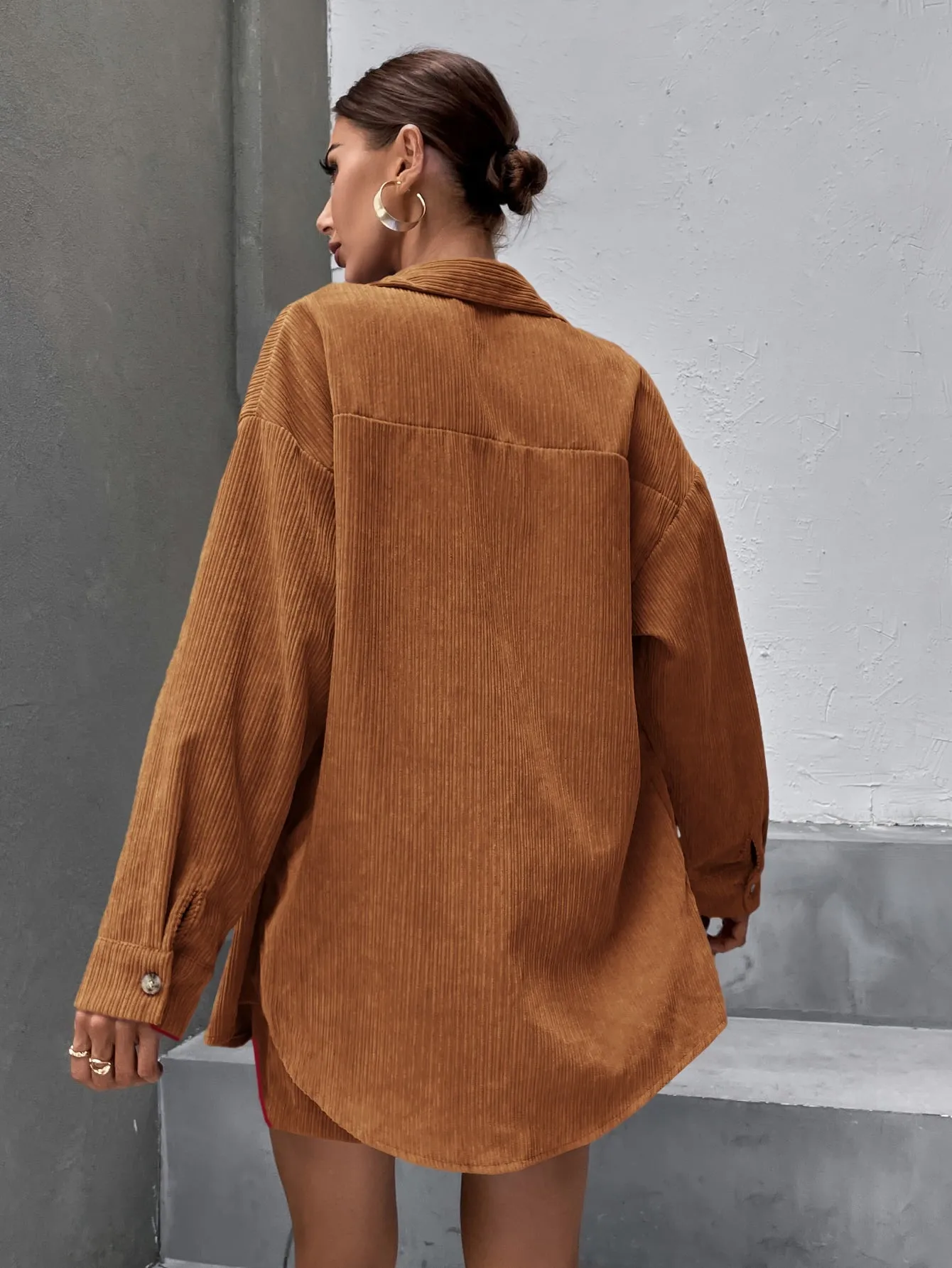 Solid Button Front Drop Shoulder Coat & Skirt SS23