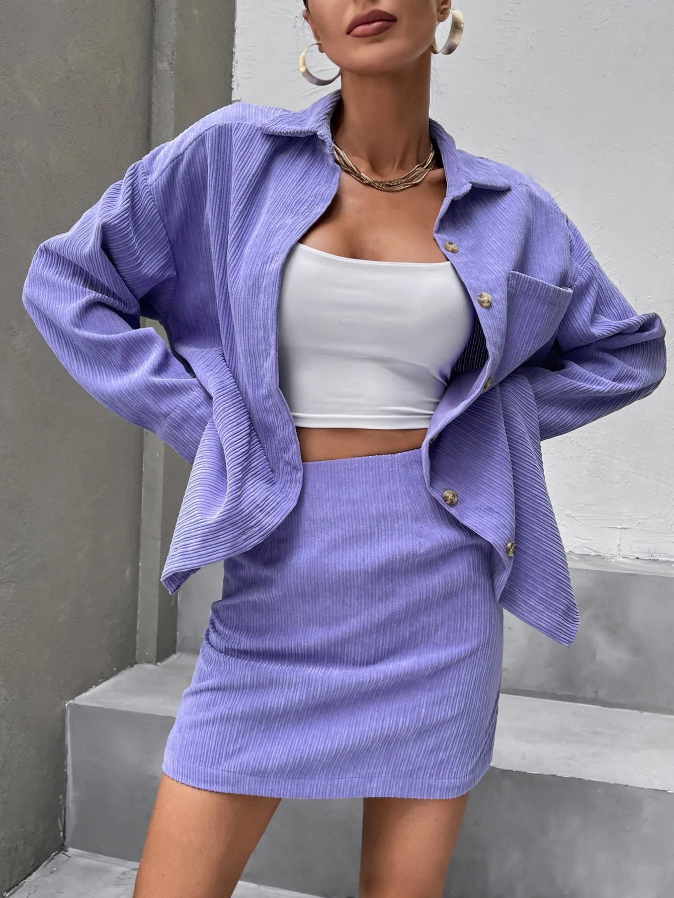 Solid Button Front Drop Shoulder Coat & Skirt SS23