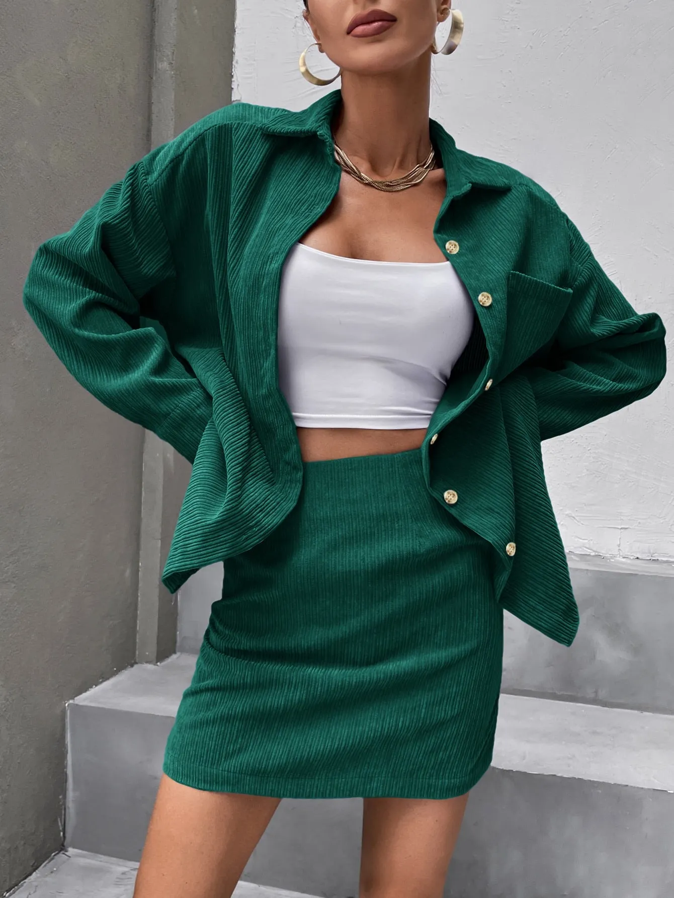 Solid Button Front Drop Shoulder Coat & Skirt SS23
