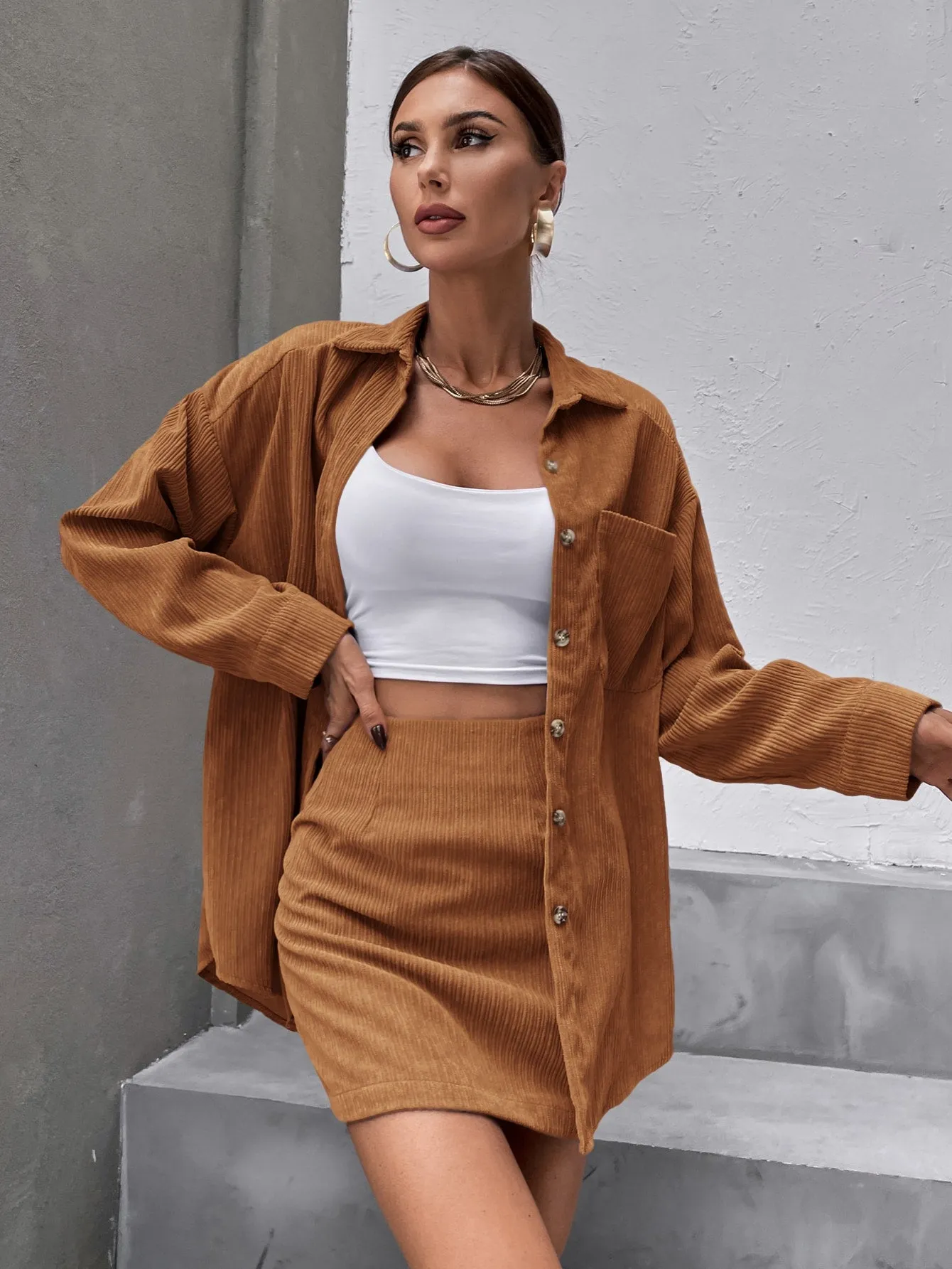 Solid Button Front Drop Shoulder Coat & Skirt SS23