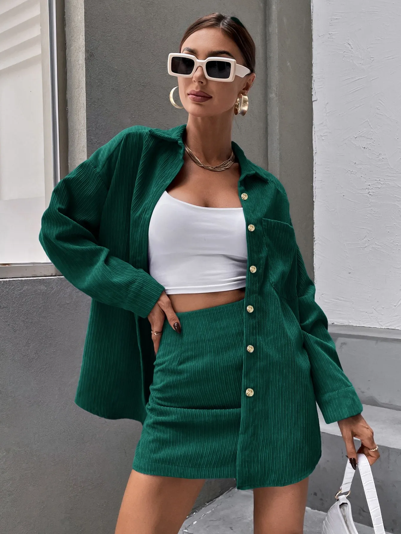 Solid Button Front Drop Shoulder Coat & Skirt SS23