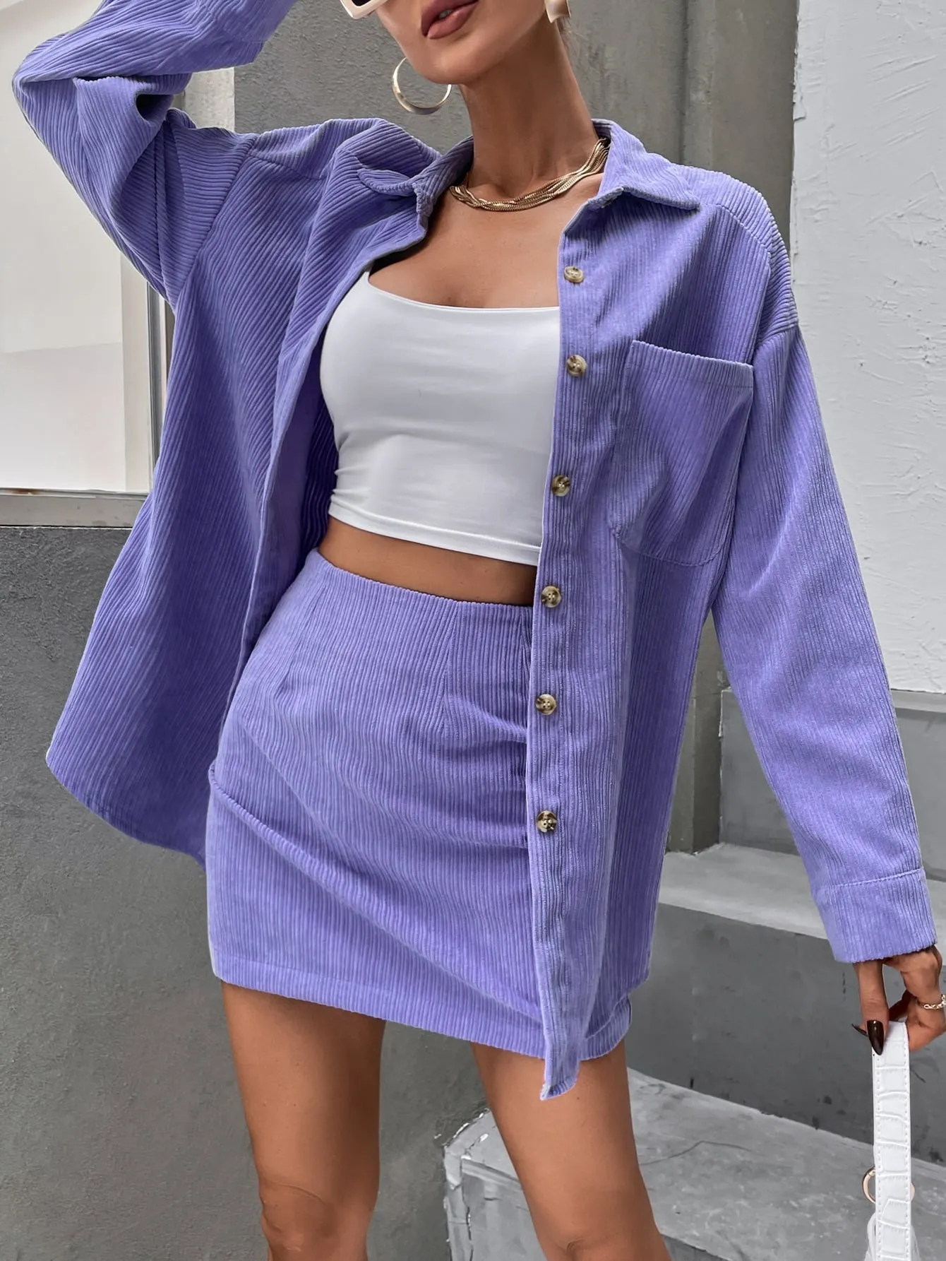 Solid Button Front Drop Shoulder Coat & Skirt SS23