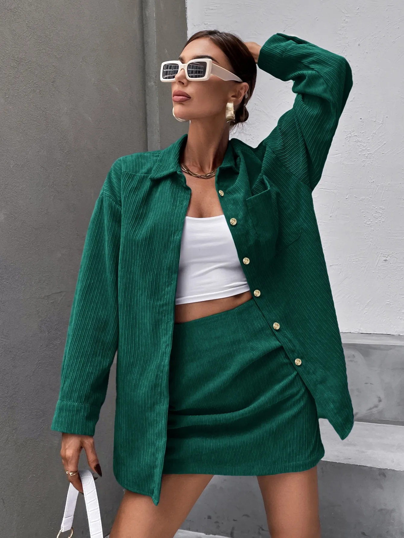 Solid Button Front Drop Shoulder Coat & Skirt SS23