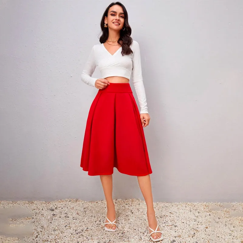 Solid High Waist Flared Skirt