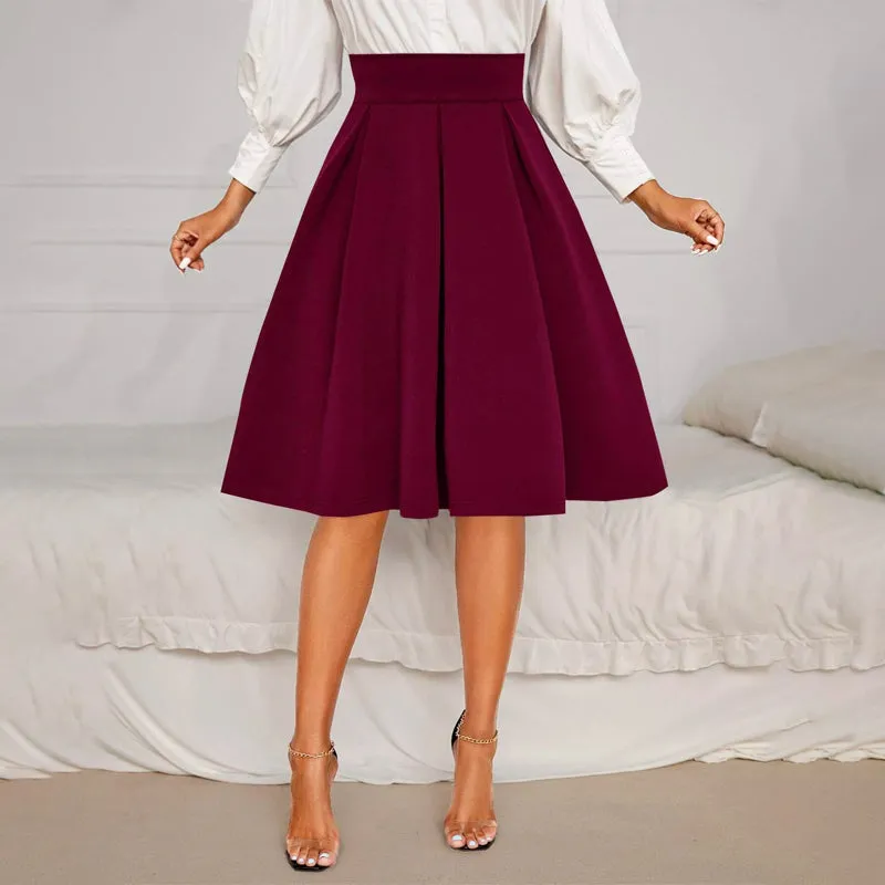 Solid High Waist Flared Skirt