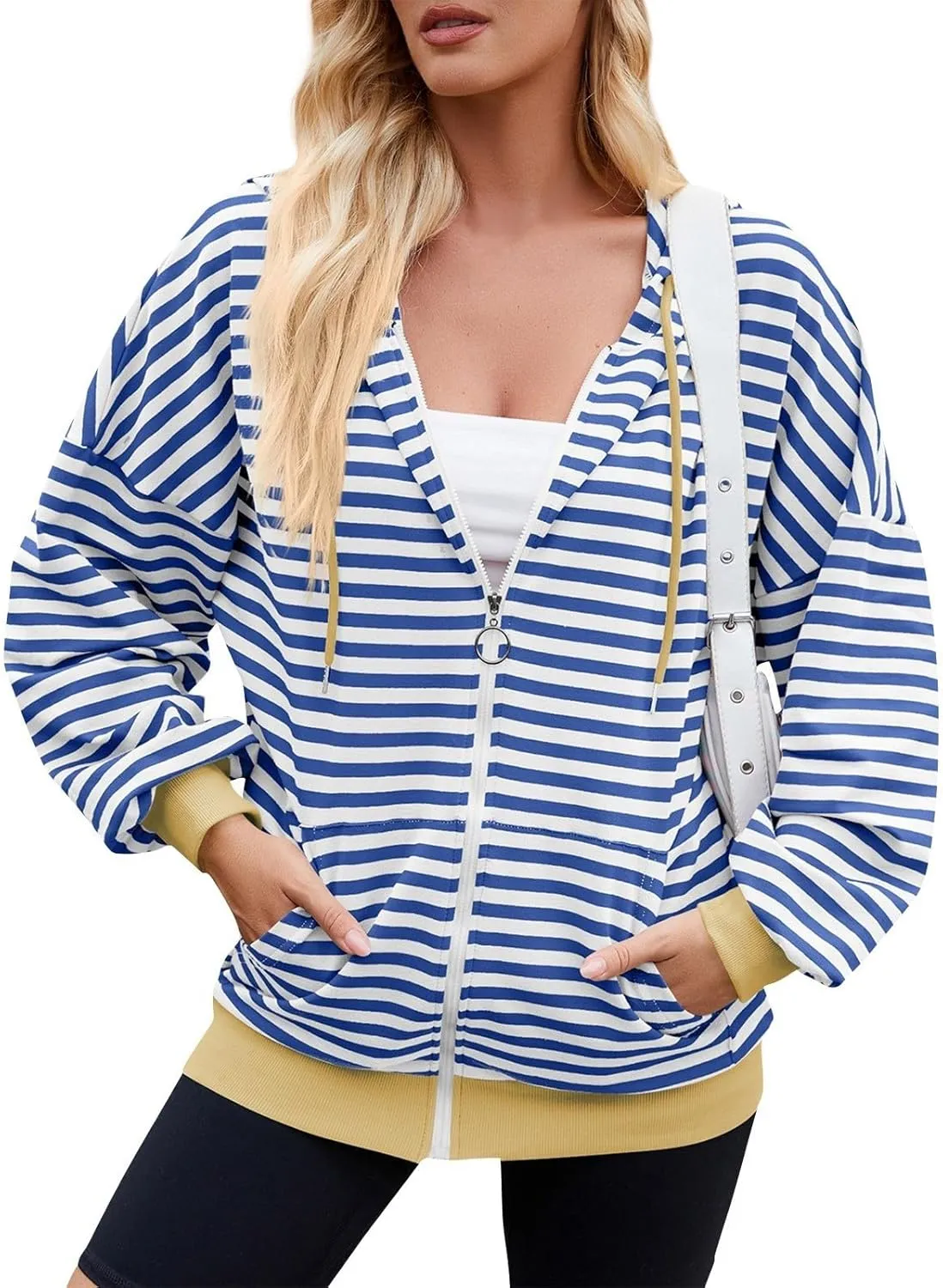 Striped Hoodie for Women Y2k Oversized Zip Up Jackets with Pockets Casual Comfy Drawstring Hooded Sweatshirt Outfits