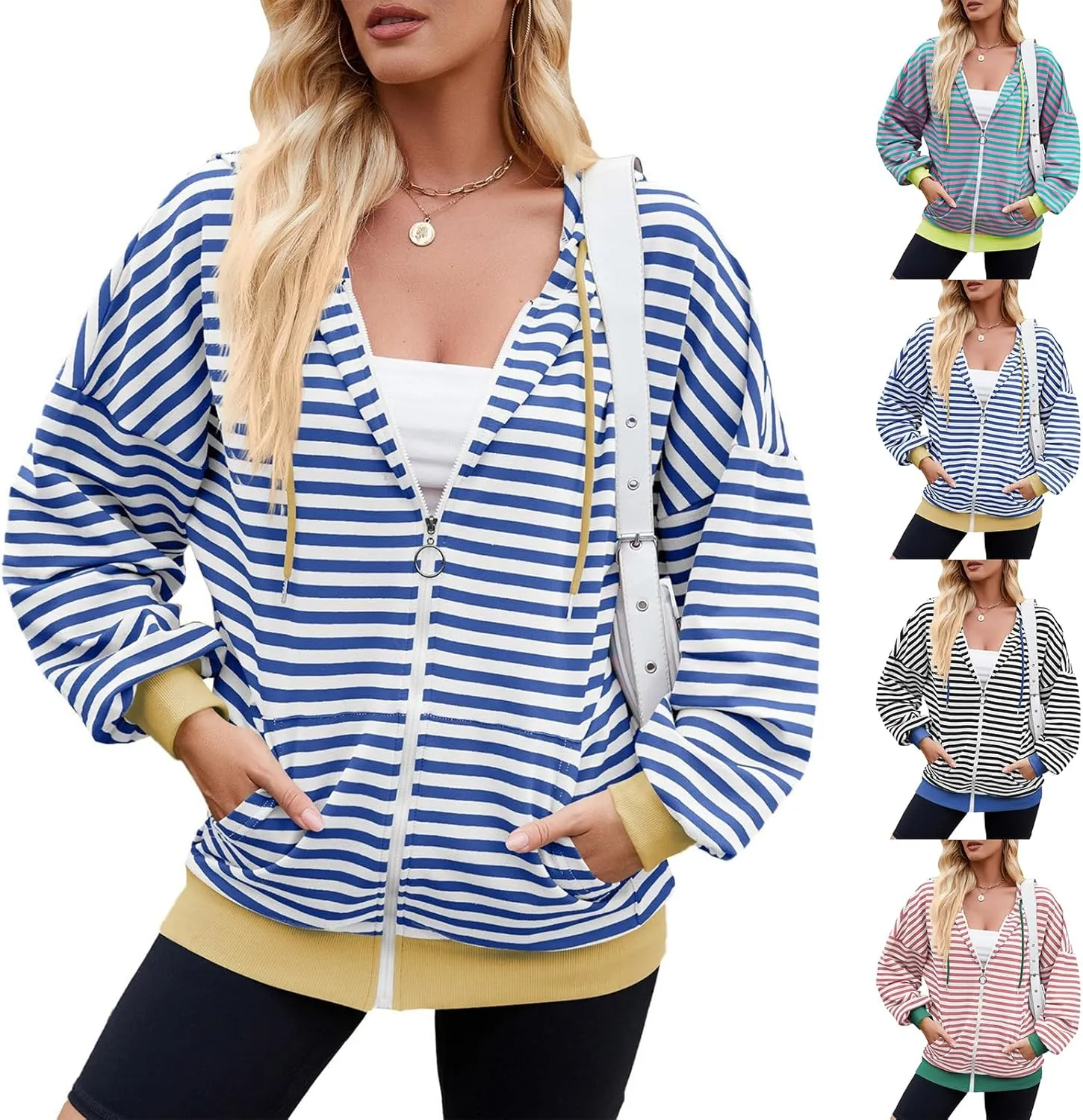Striped Hoodie for Women Y2k Oversized Zip Up Jackets with Pockets Casual Comfy Drawstring Hooded Sweatshirt Outfits