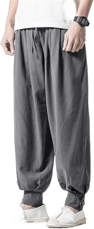 Summer Chinese Style Loose Fit Linen Pants, Mens Harem Joggers with Cuffed Legs
