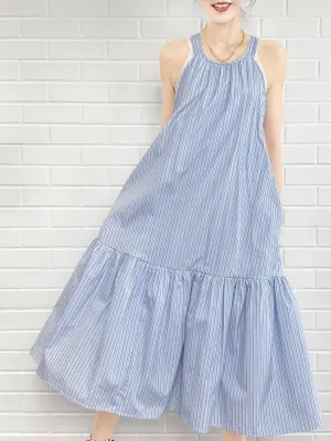 Surprise Sale! Blue Striped Cotton Halter Neck Cross-back Maxi Dress