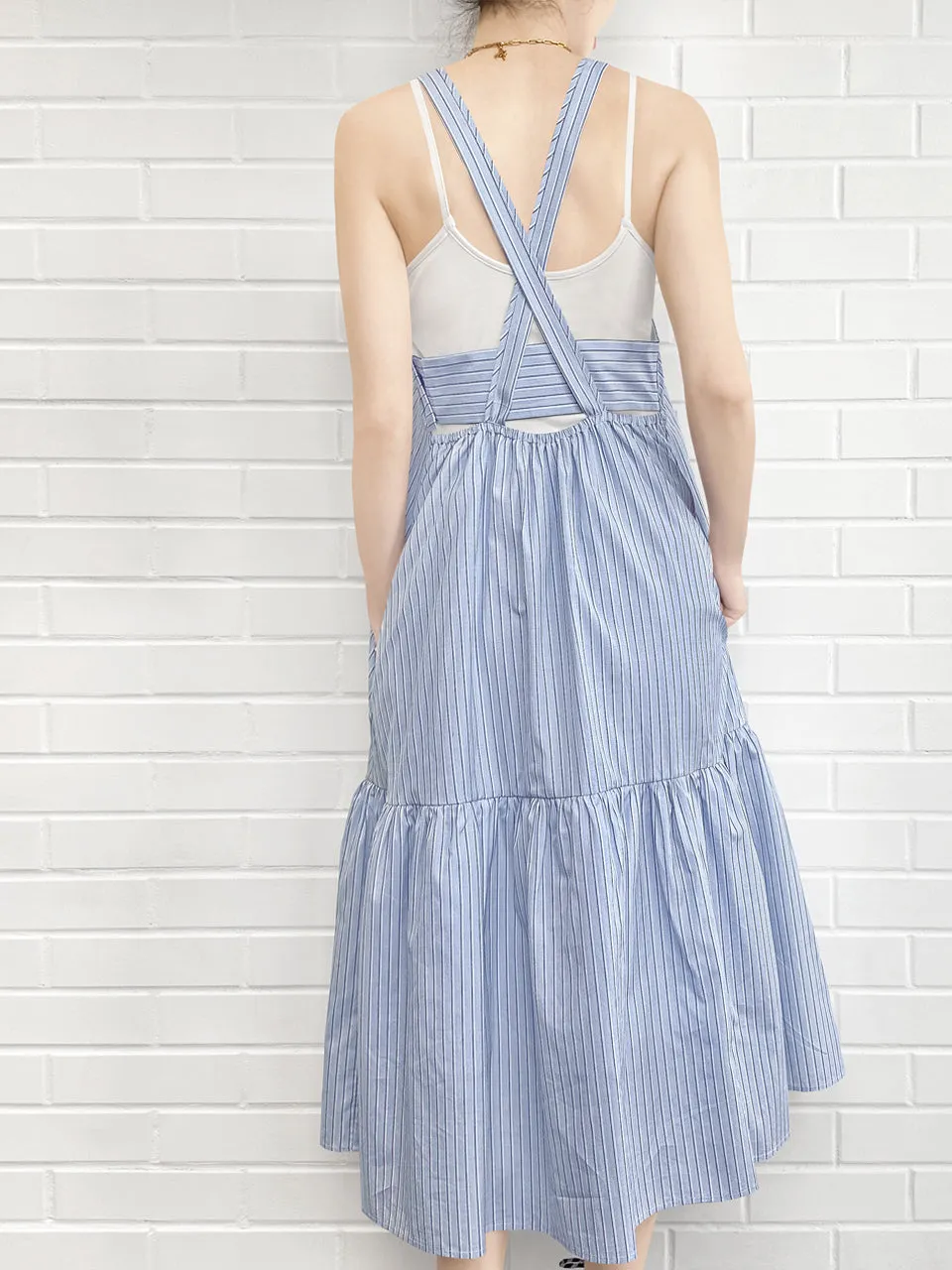 Surprise Sale! Blue Striped Cotton Halter Neck Cross-back Maxi Dress