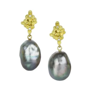 Trillium and Diamond Tahitian Pearl Drop Earrings