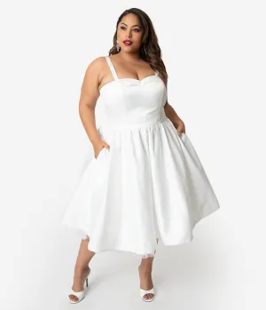 Unique Vintage x Dolly Couture Plus Size White Satin Tea Length Brooklyn Bridal Dress