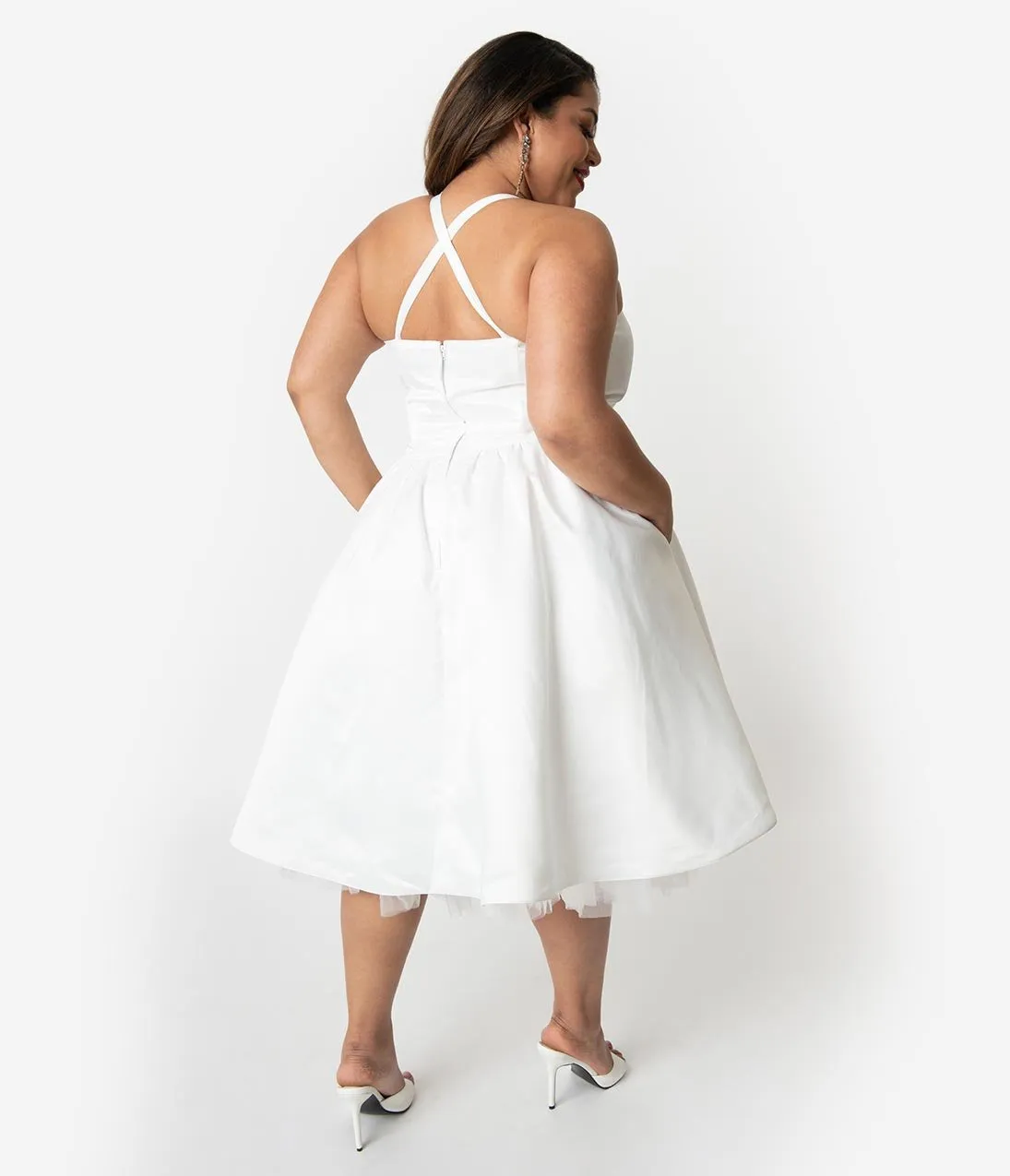 Unique Vintage x Dolly Couture Plus Size White Satin Tea Length Brooklyn Bridal Dress