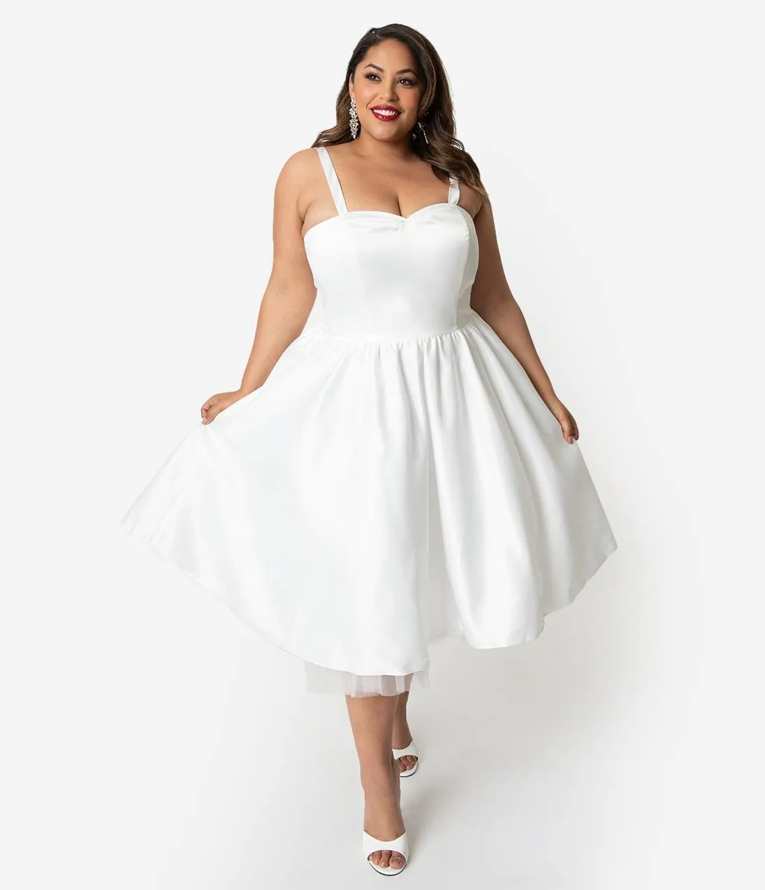 Unique Vintage x Dolly Couture Plus Size White Satin Tea Length Brooklyn Bridal Dress