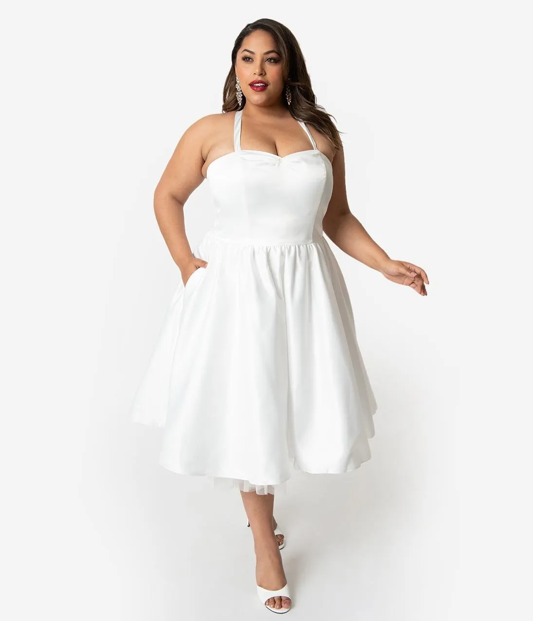 Unique Vintage x Dolly Couture Plus Size White Satin Tea Length Brooklyn Bridal Dress
