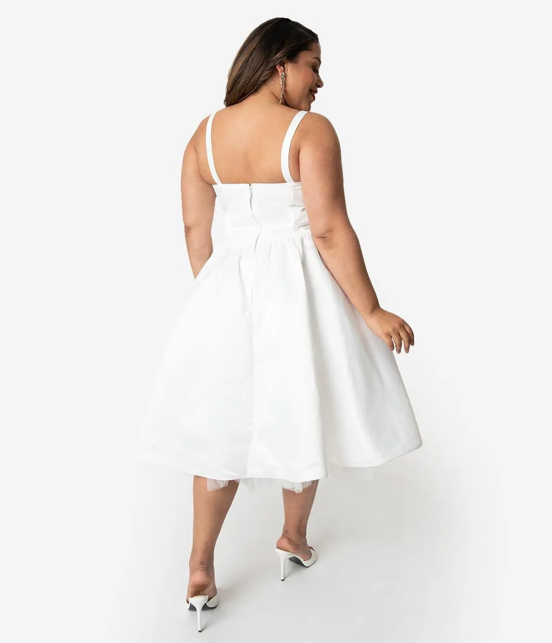 Unique Vintage x Dolly Couture Plus Size White Satin Tea Length Brooklyn Bridal Dress