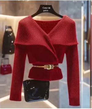 Cozy V-Neck Sweater with Stylish Belted Waist