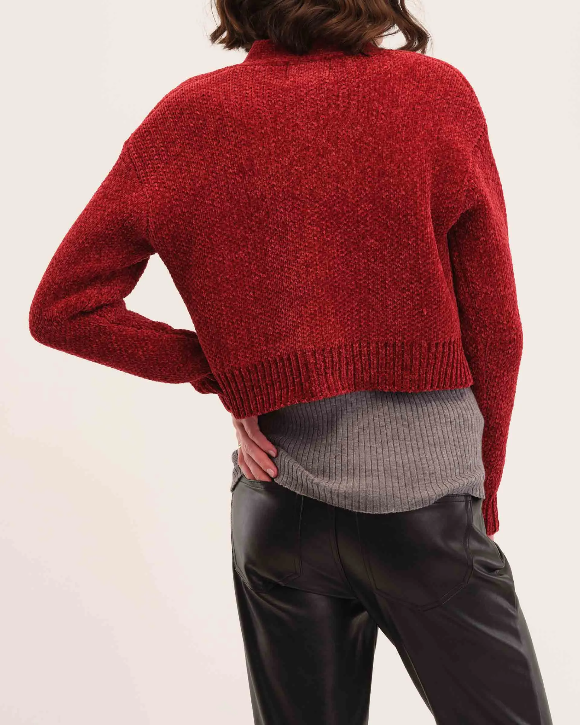 V-Neck Button Front Cropped Chenille Cardigan