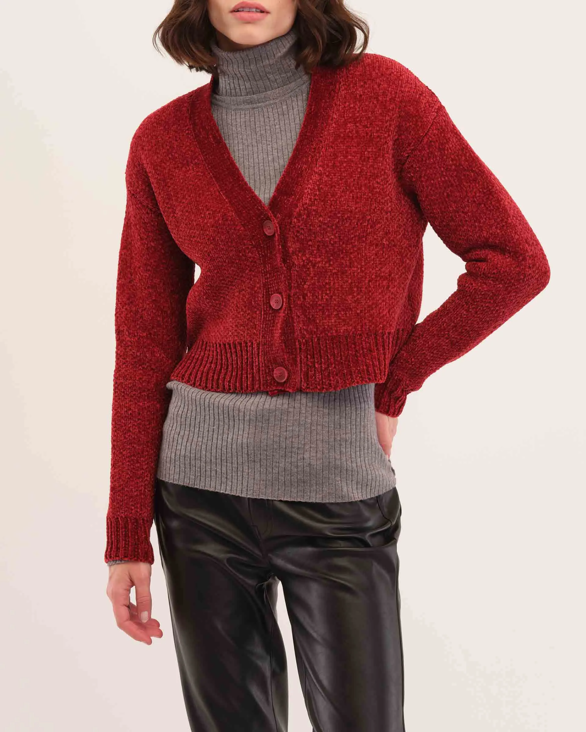 V-Neck Button Front Cropped Chenille Cardigan