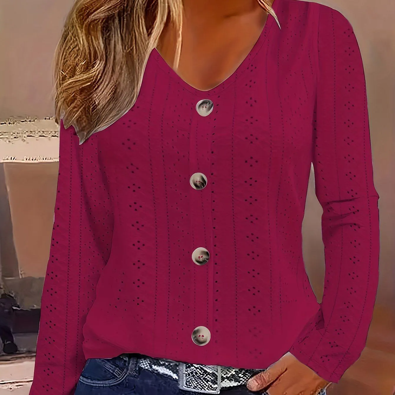 V-Neck Long Sleeve Blouse