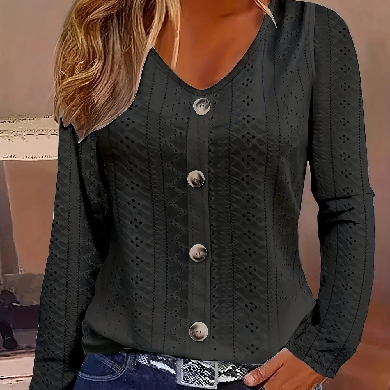 V-Neck Long Sleeve Blouse
