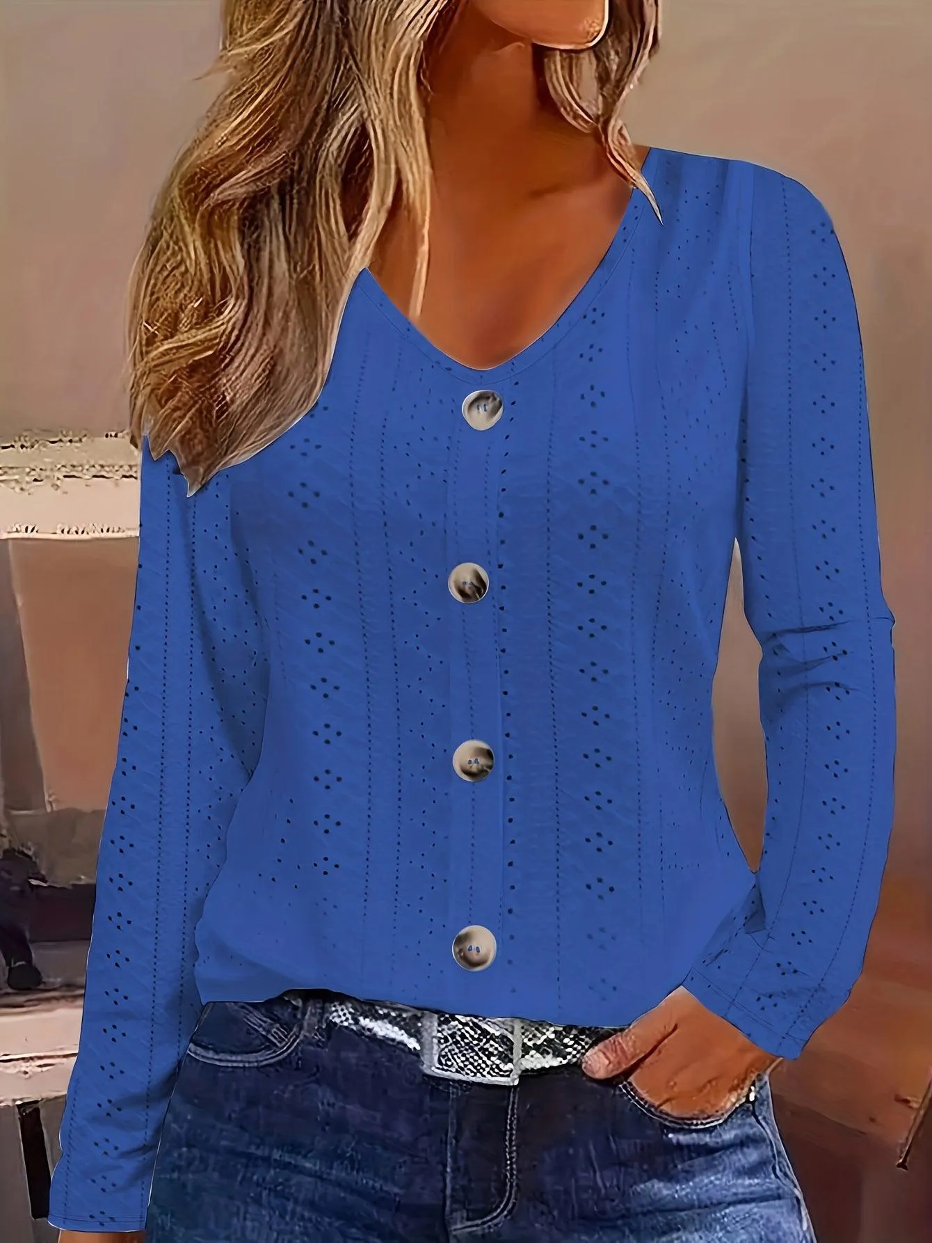 V-Neck Long Sleeve Blouse
