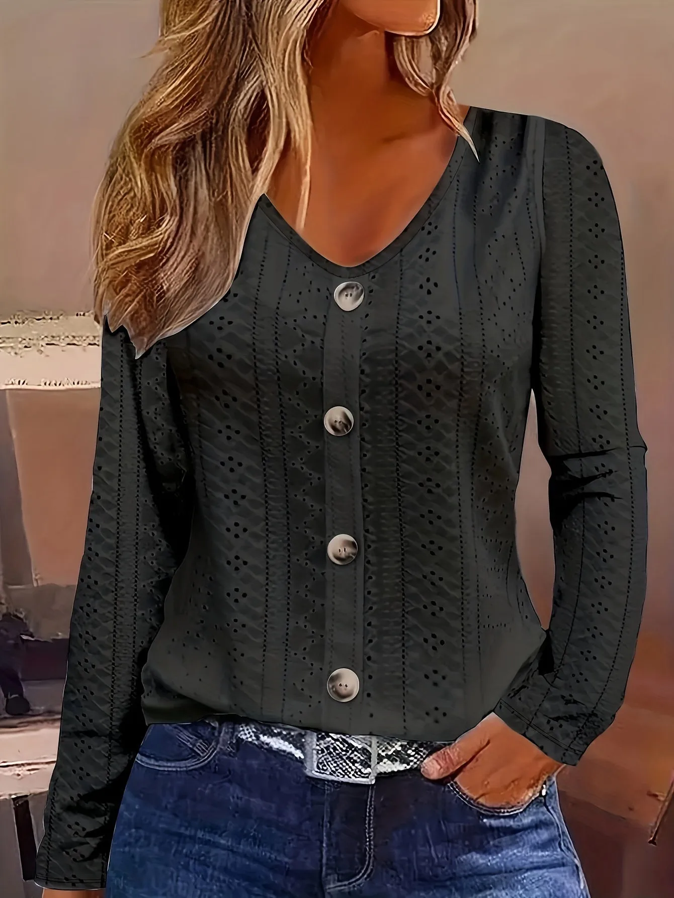 V-Neck Long Sleeve Blouse