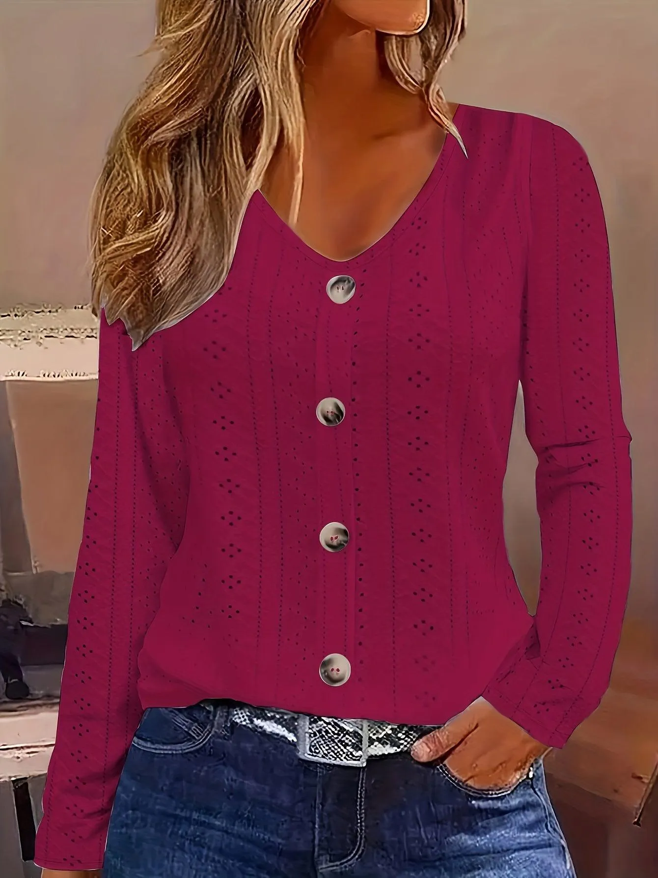 V-Neck Long Sleeve Blouse