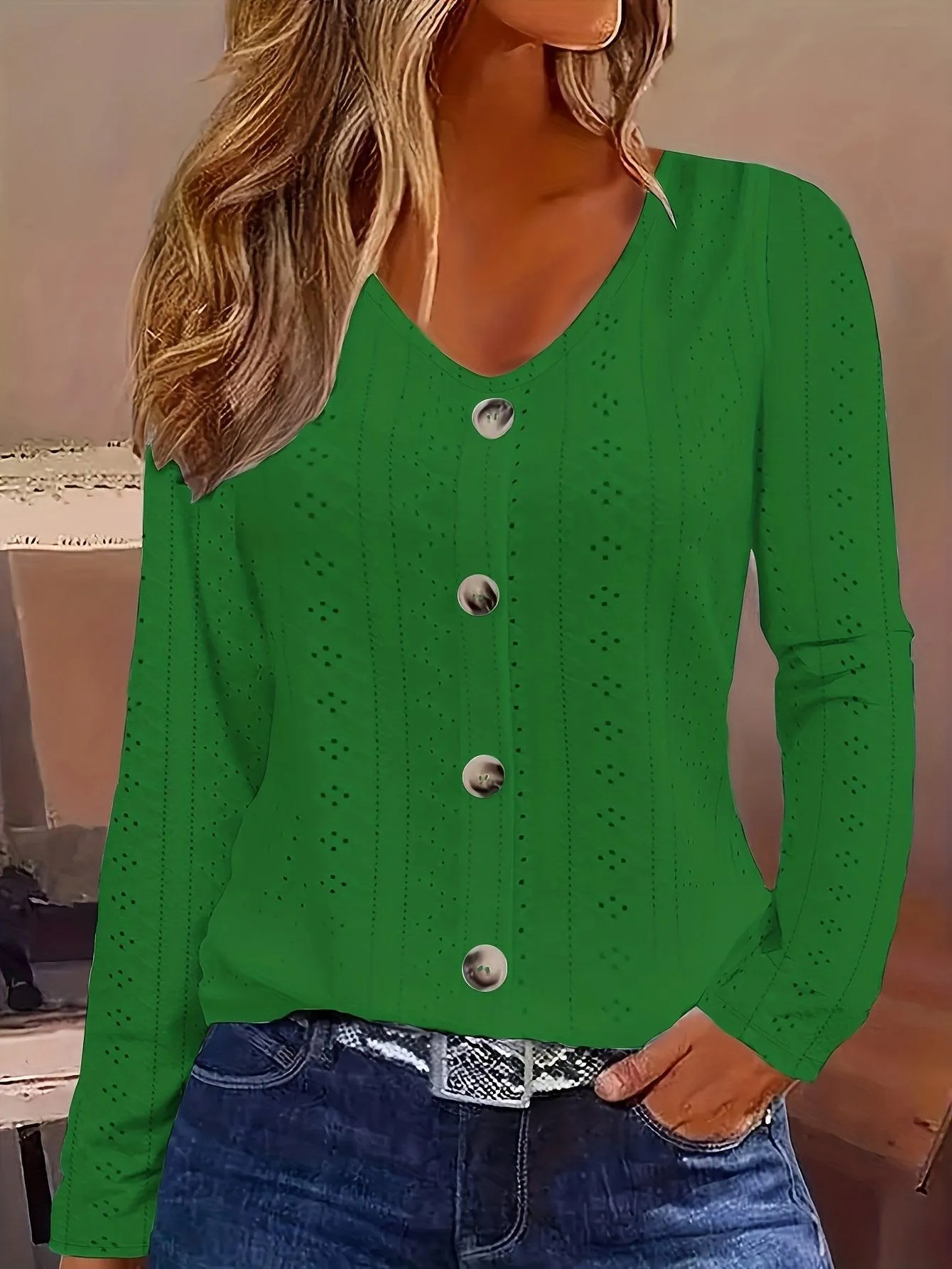 V-Neck Long Sleeve Blouse
