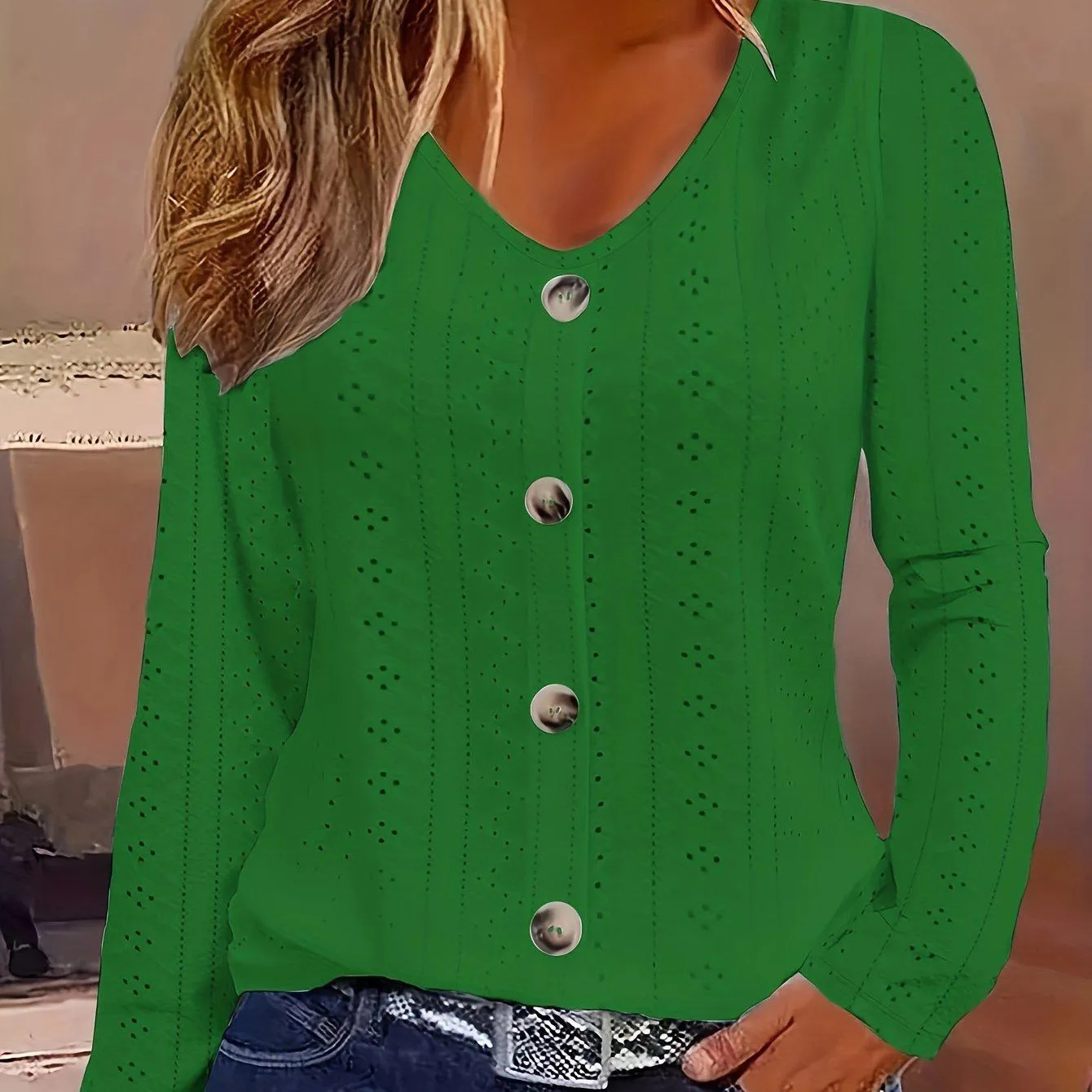 V-Neck Long Sleeve Blouse