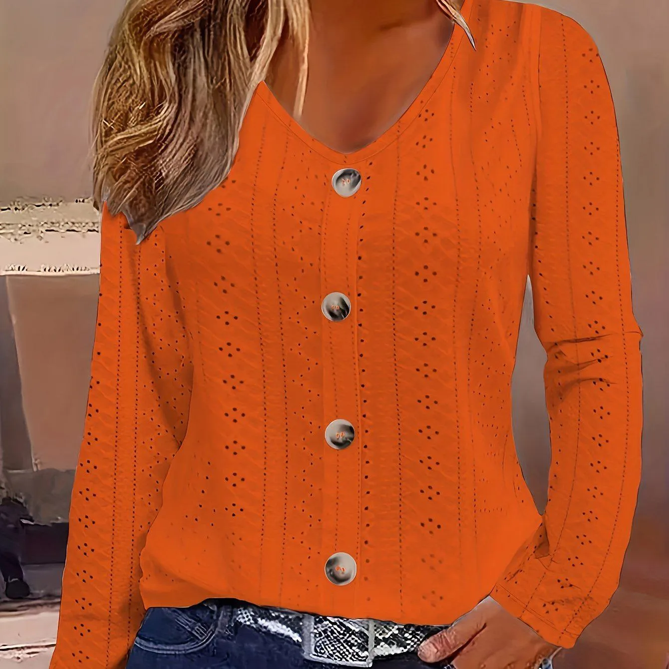 V-Neck Long Sleeve Blouse