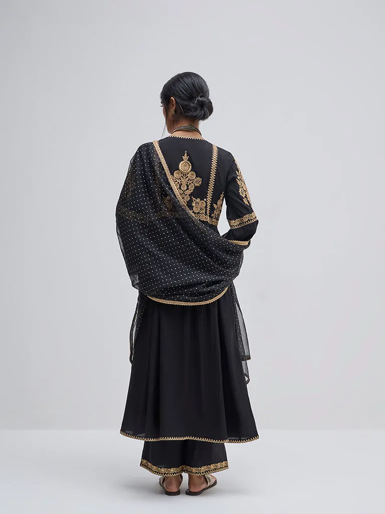 Vark Black Floral Anarkali Kurta, Pants and Dupatta Set