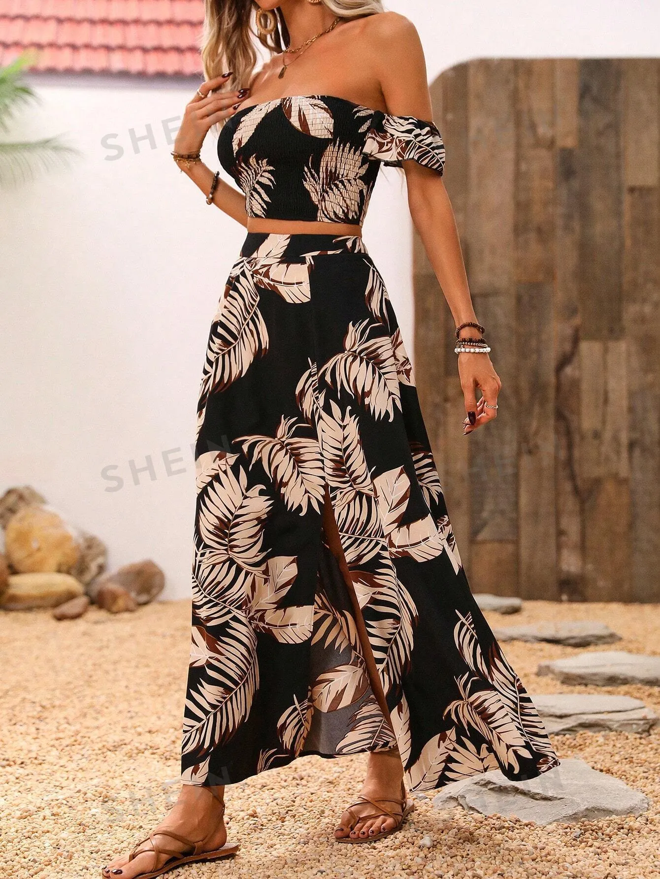 VCAY Ladies' Plant Printed Off Shoulder Crop Top And High Slit Skirt Two Piece Set