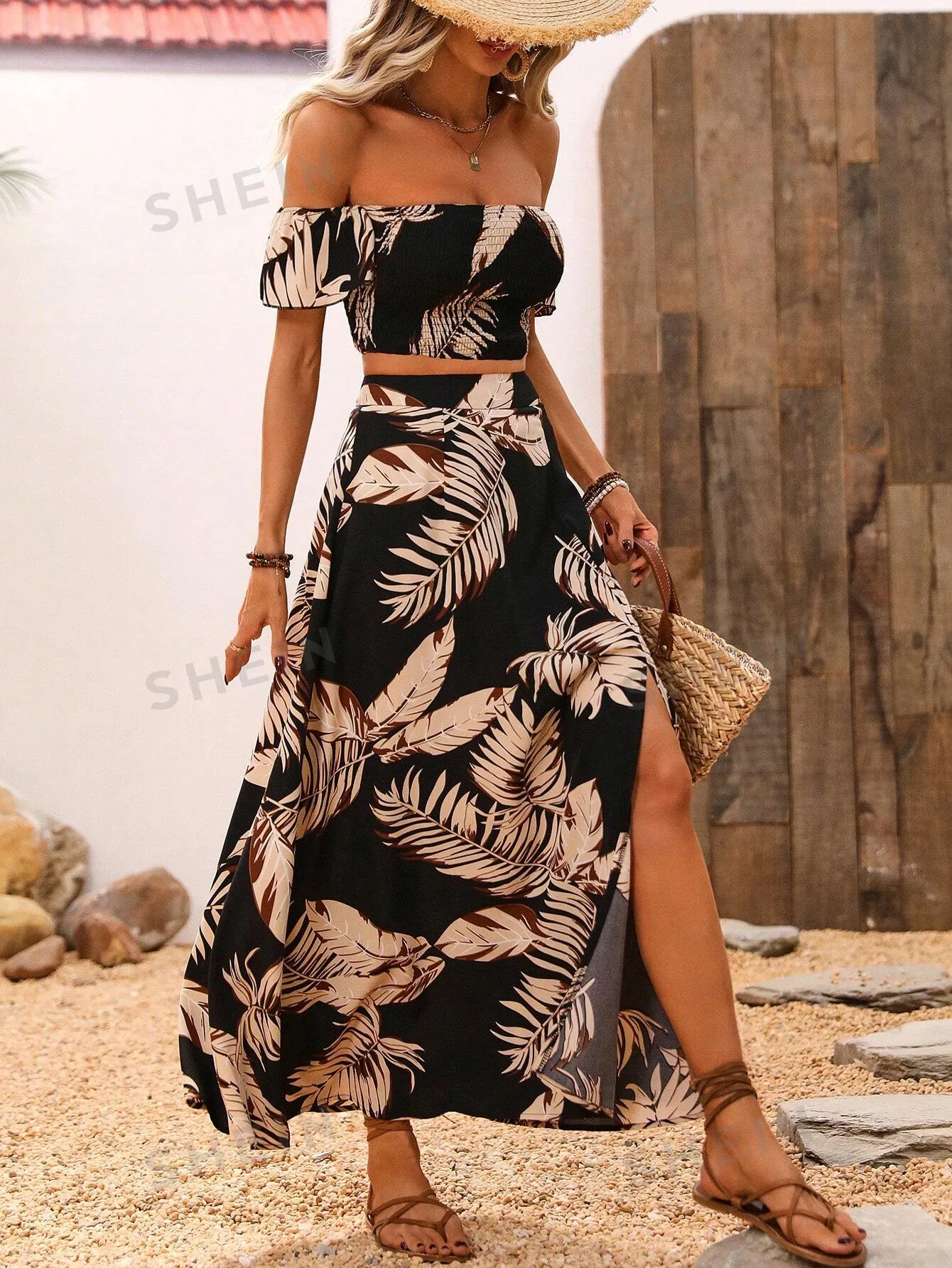 VCAY Ladies' Plant Printed Off Shoulder Crop Top And High Slit Skirt Two Piece Set