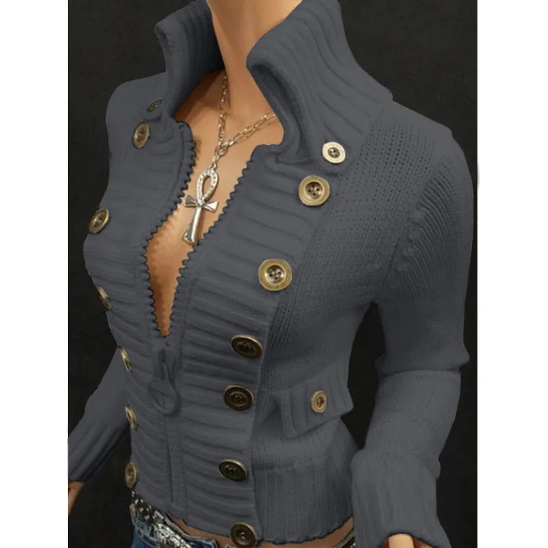 Vintage High Collar Turtle Neck Sweater with Zipper Women's Slim Fit Long Sleeve Cardigan Large Button Embellishment's